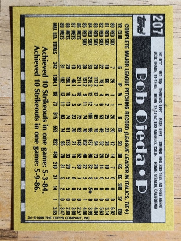 1990 Topps #207 Bob Ojeda