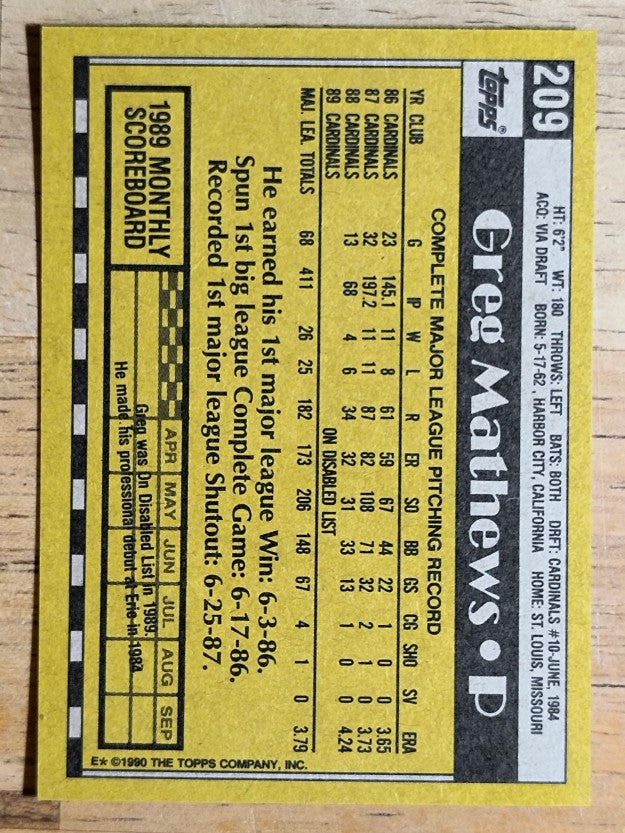 1990 Topps #209 Greg Mathews