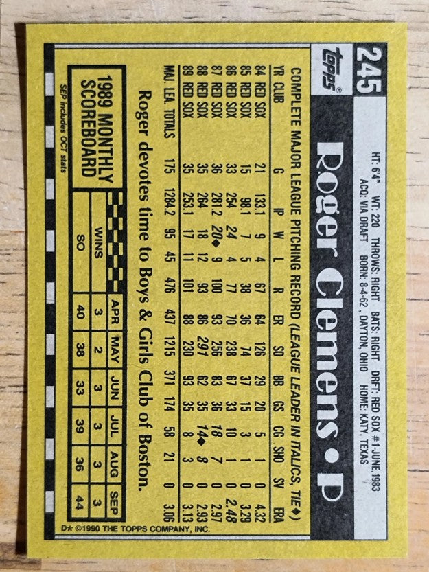 1990 Topps #245 Roger Clemens