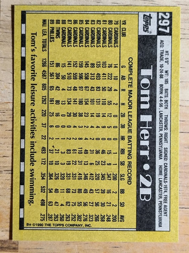 1990 Topps #297 Tommy Herr
