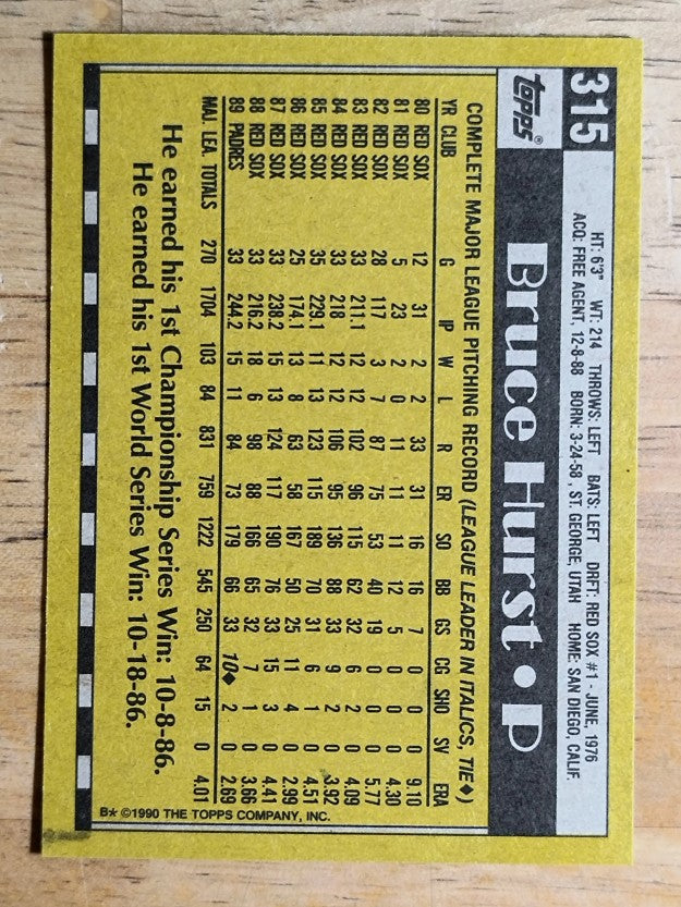 1990 Topps #315 Bruce Hurst