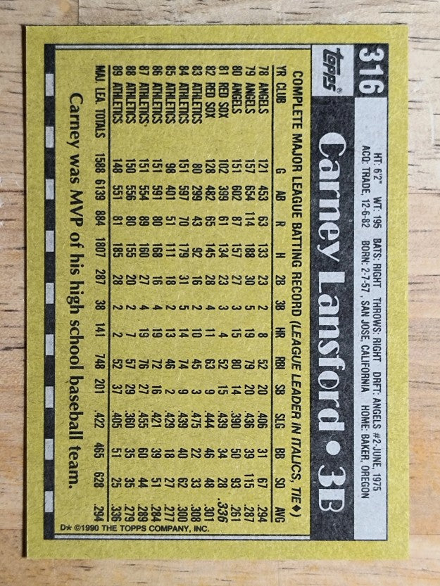 1990 Topps #316 Carney Lansford