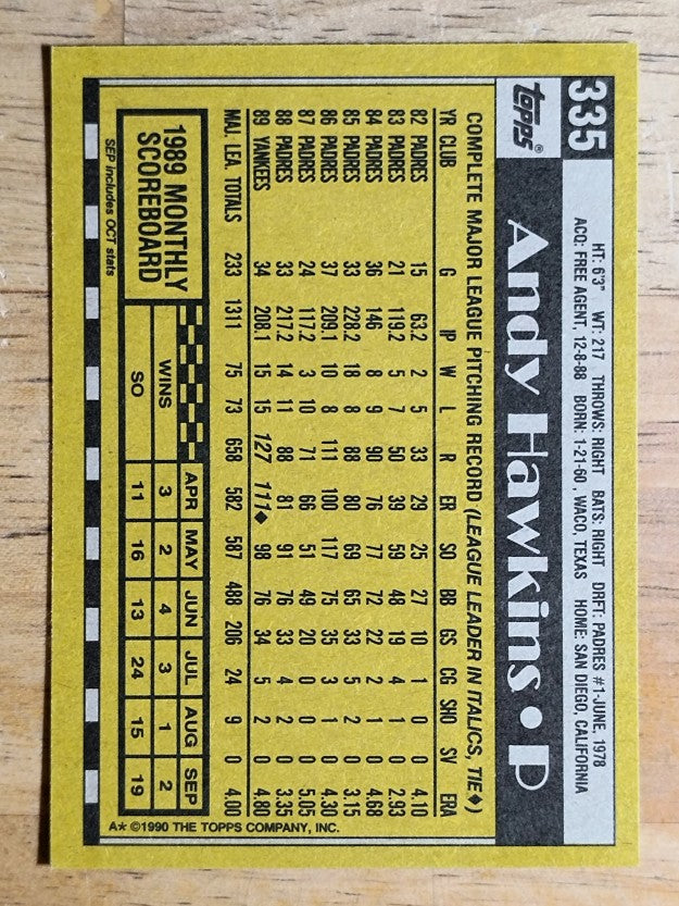 1990 Topps #335 Andy Hawkins
