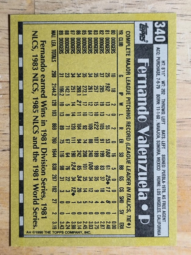 1990 Topps #340 Fernando Valenzuela