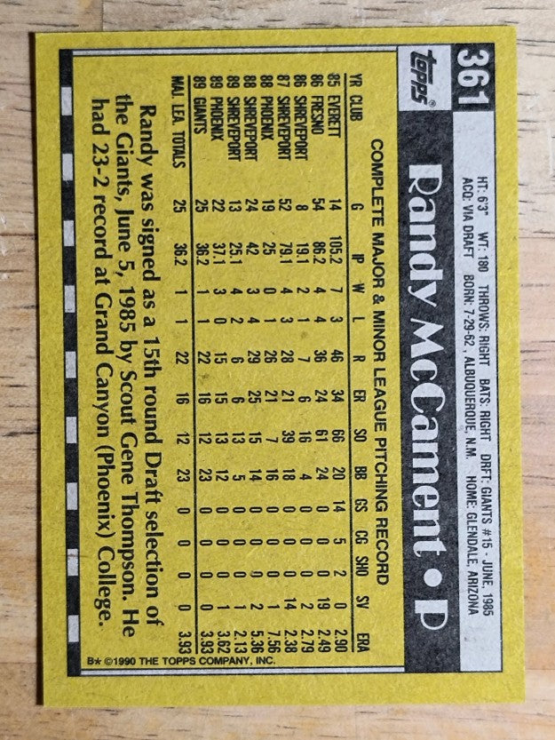 1990 Topps #361 Randy McCament RC