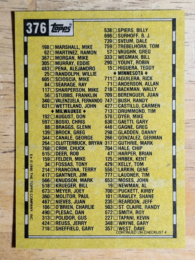 1990 Topps #376 Checklist 3