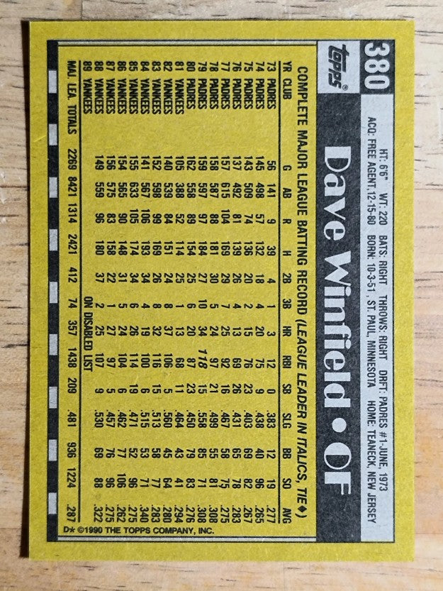 1990 Topps #380 Dave Winfield