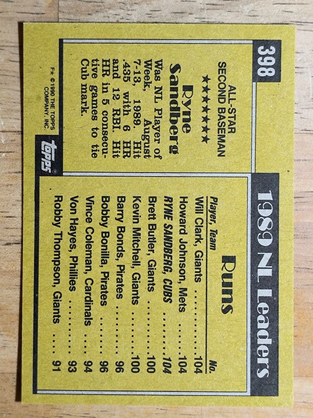 1990 Topps #398 Ryne Sandberg AS
