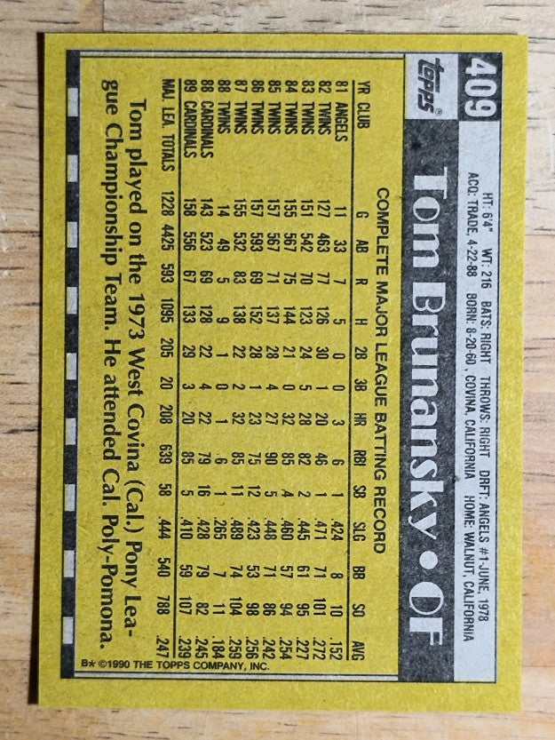 1990 Topps #409 Tom Brunansky