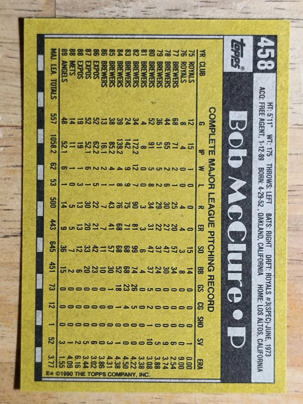 1990 Topps #458 Bob McClure
