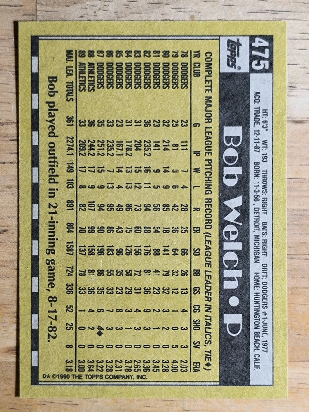 1990 Topps #475 Bob Welch