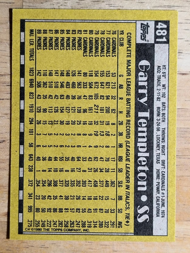 1990 Topps #481 Garry Templeton