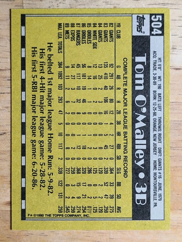 1990 Topps #504 Tom O'Malley