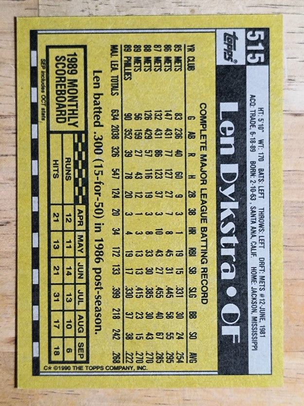1990 Topps #515 Len Dykstra