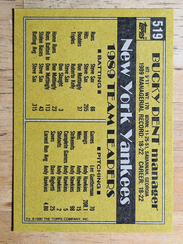 1990 Topps #519 Bucky Dent MG