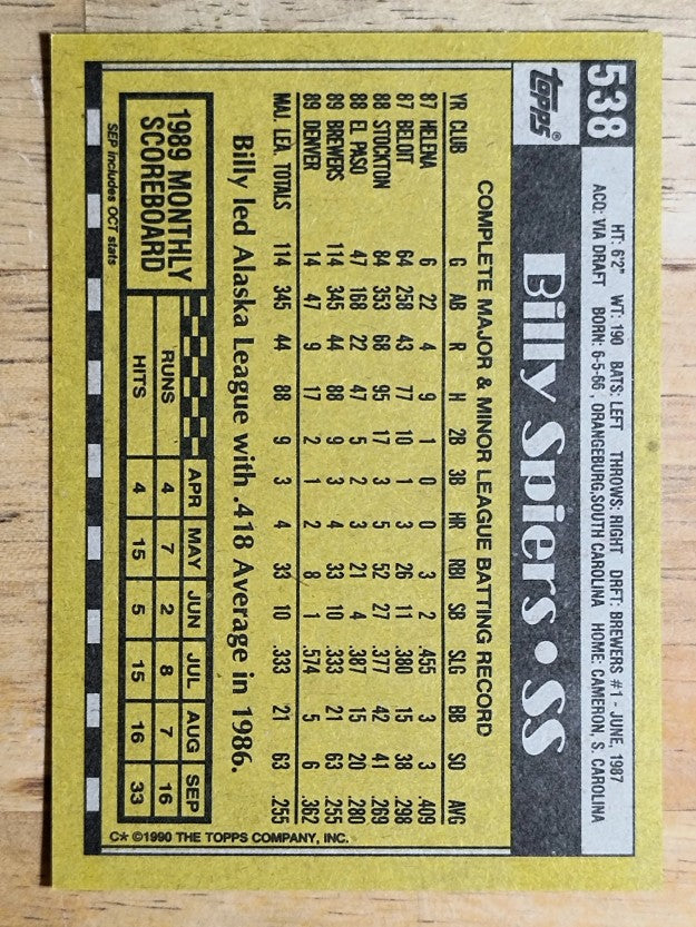 1990 Topps #538 Bill Spiers