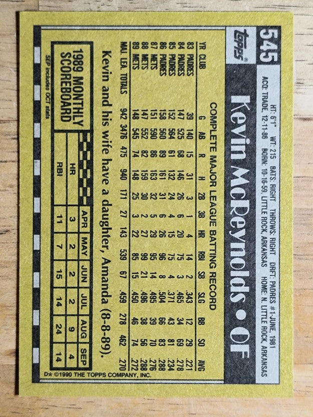 1990 Topps #545 Kevin McReynolds