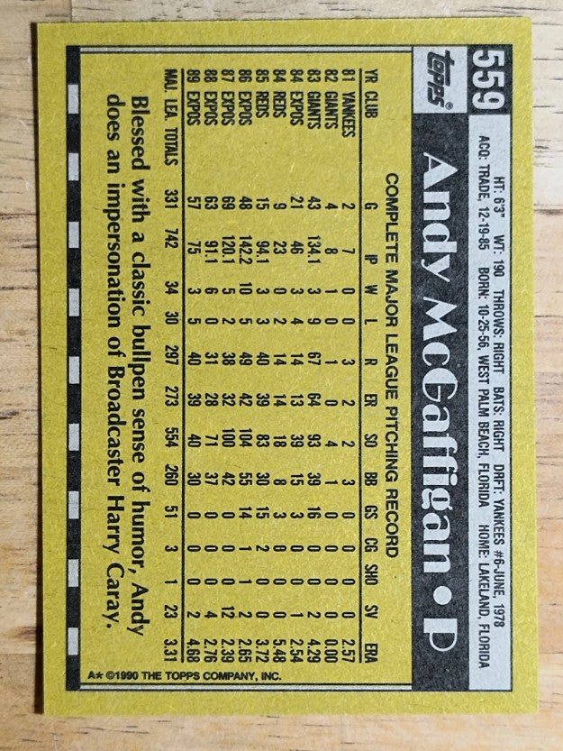 1990 Topps #559 Andy McGaffigan