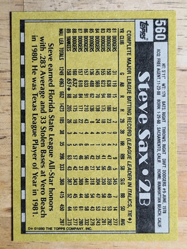 1990 Topps #560 Steve Sax