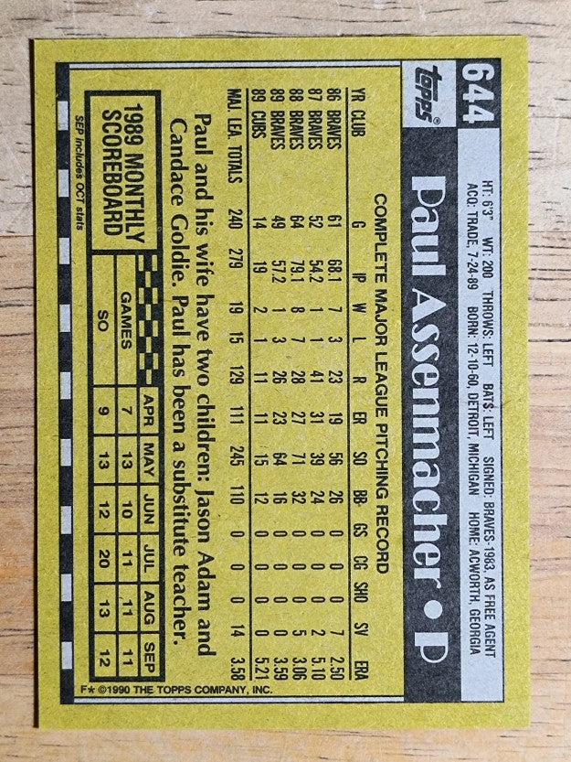 1990 Topps #644 Paul Assenmacher