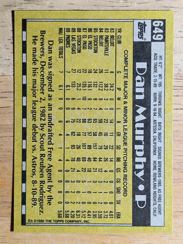 1990 Topps #649 Dan Murphy RC