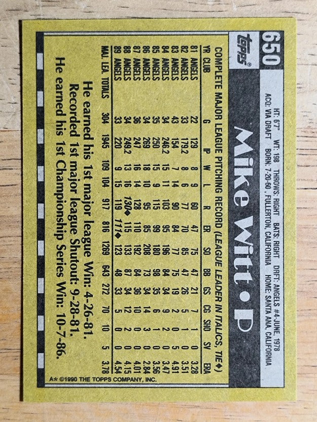 1990 Topps #650 Mike Witt