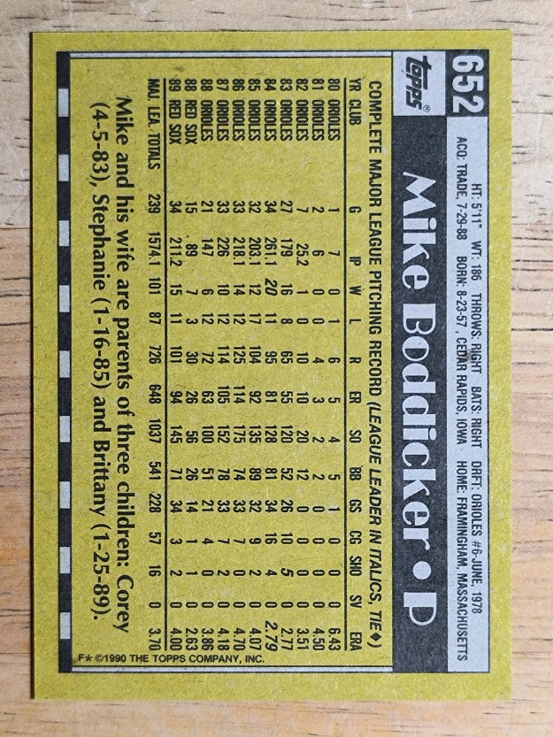 1990 Topps #652 Mike Boddicker