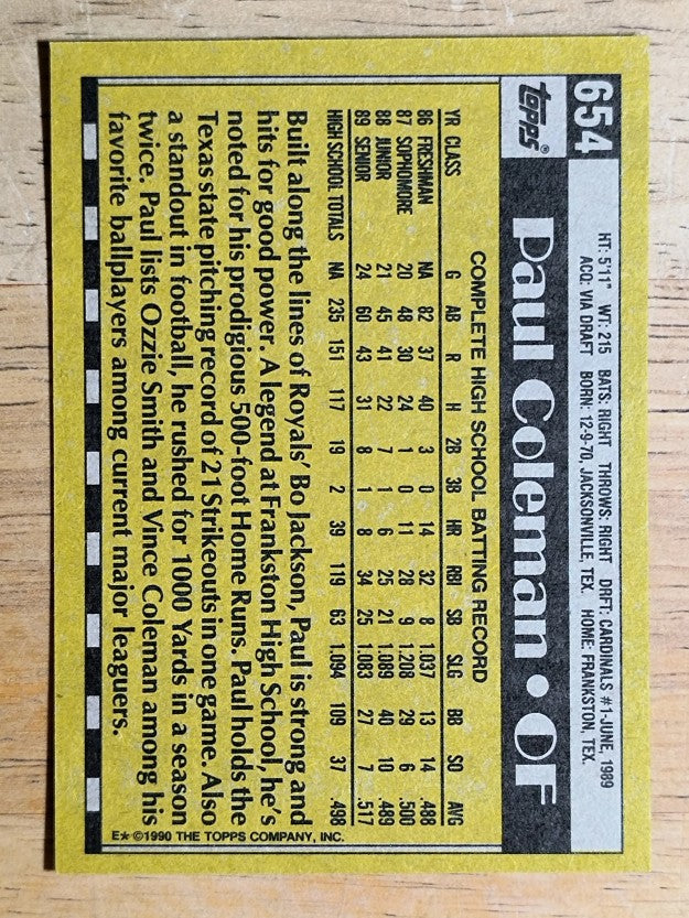 1990 Topps #654 Paul Coleman FDP RC