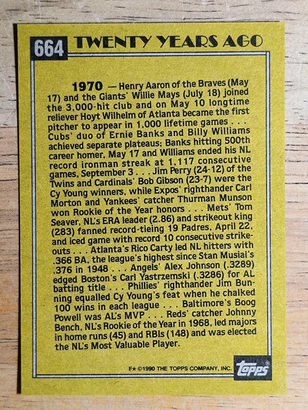 1990 Topps #664 Johnny Bench TBC'70