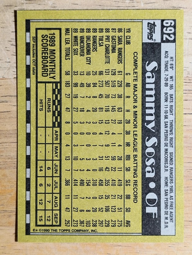 1990 Topps #692 Sammy Sosa RC