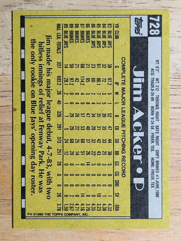 1990 Topps #728 Jim Acker