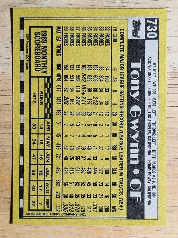 1990 Topps #730 Tony Gwynn