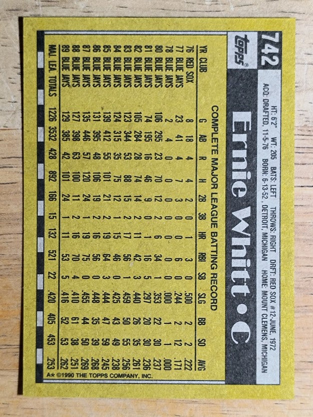 1990 Topps #742 Ernie Whitt