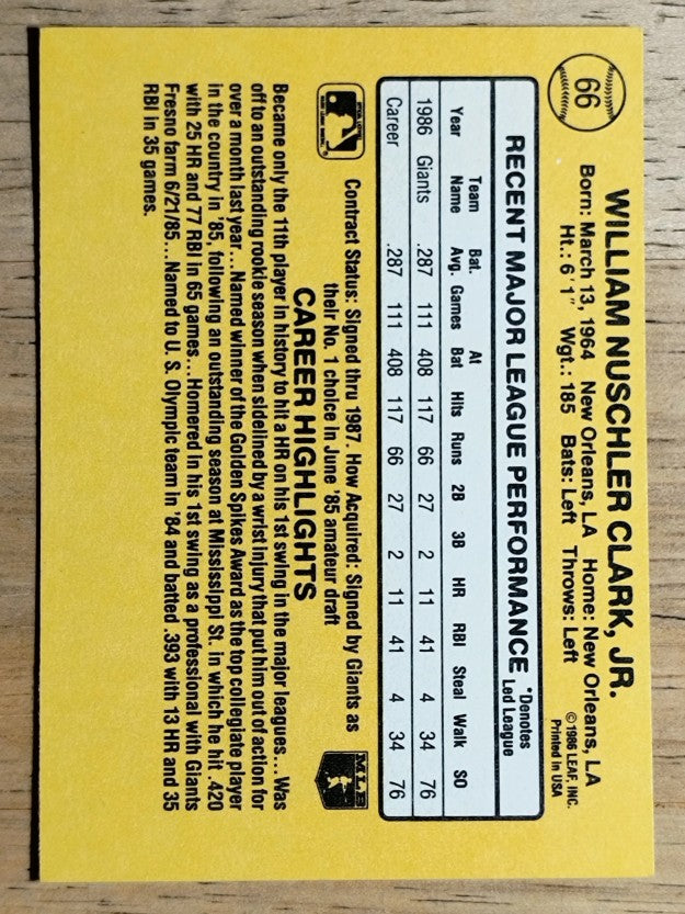 1987 Donruss #66 Will Clark RC