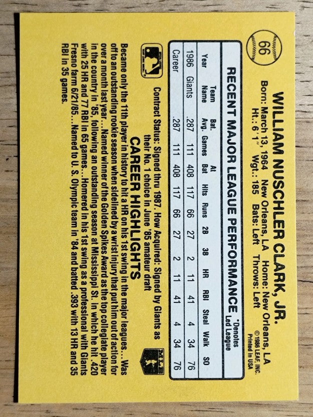 1987 Donruss #66 Will Clark RC