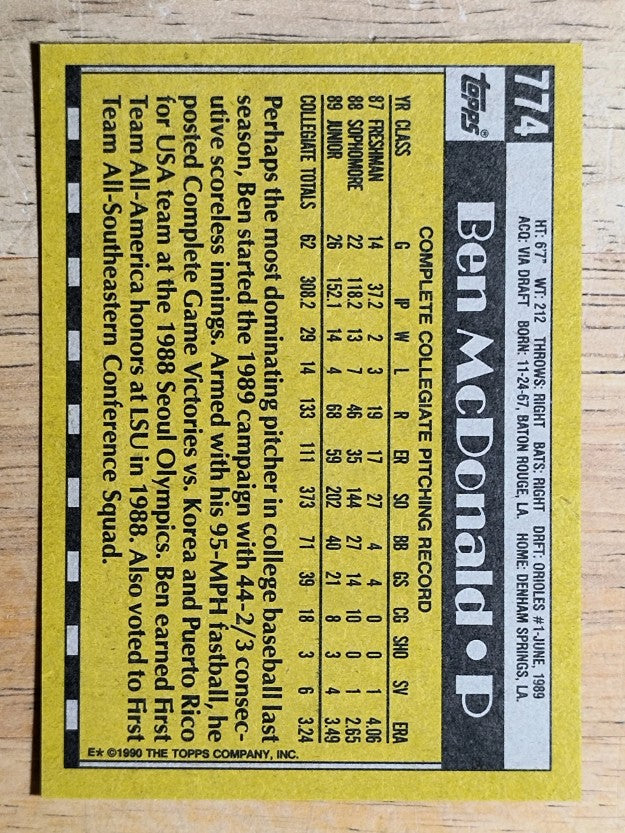 1990 Topps #774 Ben McDonald RC