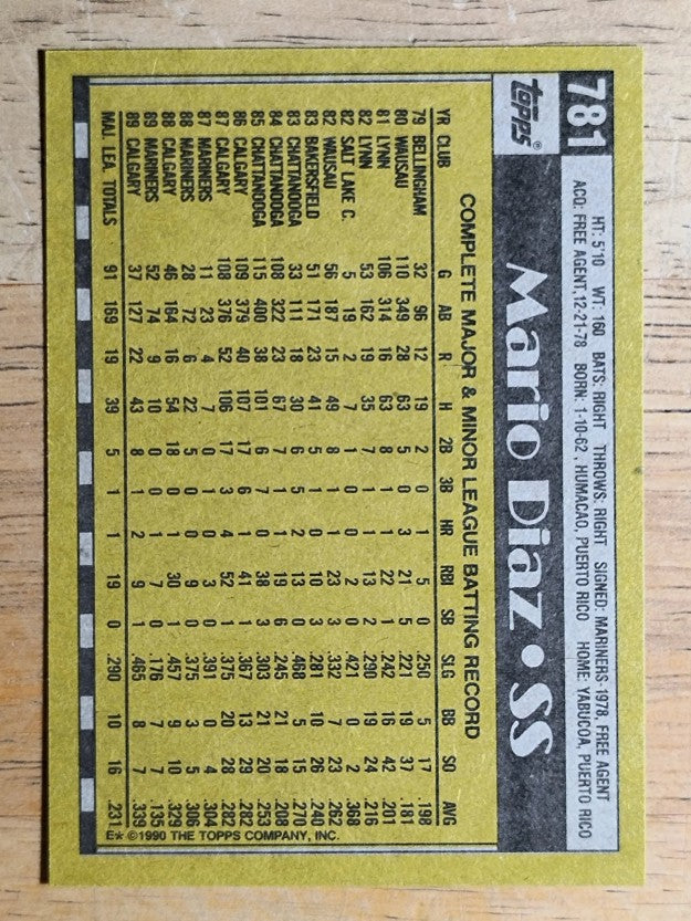 1990 Topps #781 Mario Diaz