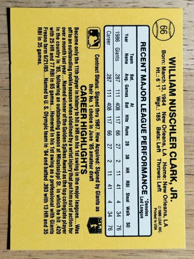 1987 Donruss #66 Will Clark RC