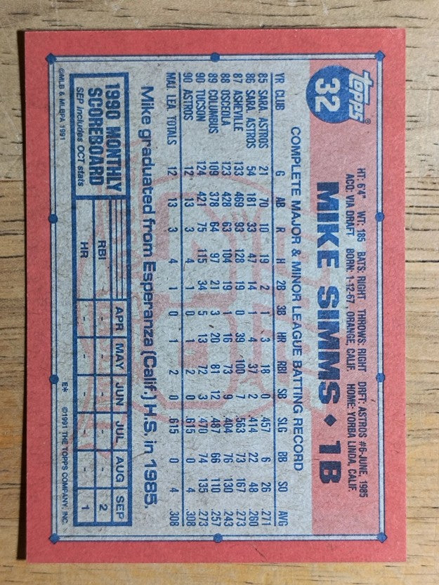 1991 Topps #32 Mike Simms RC