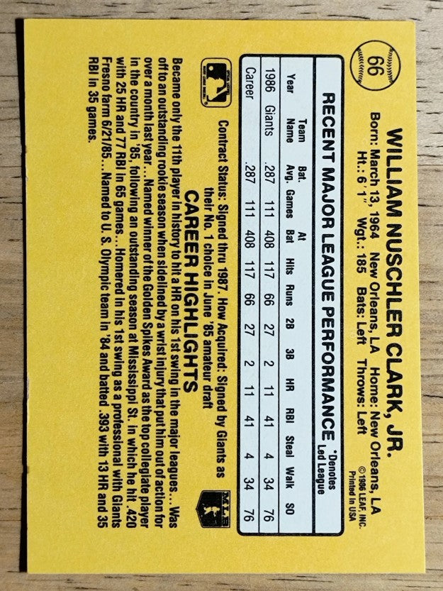 1987 Donruss #66 Will Clark RC