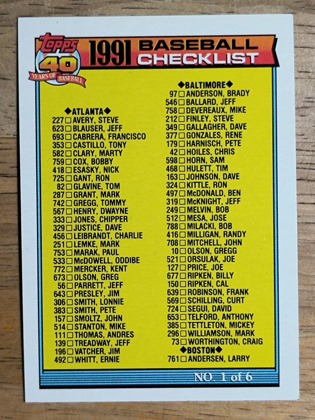 1991 Topps #131A Checklist 1 ERR/727 Phil Bradley