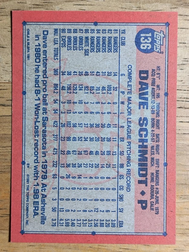1991 Topps #136 Dave Schmidt