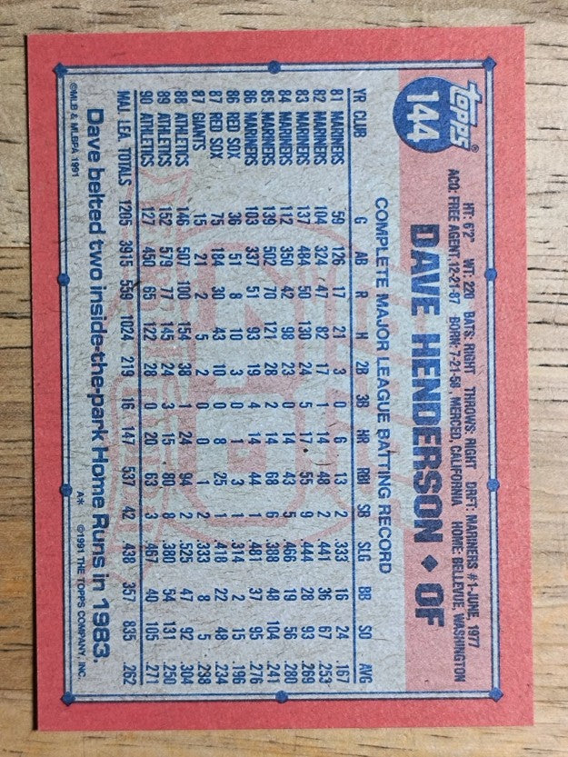 1991 Topps #144 Dave Henderson