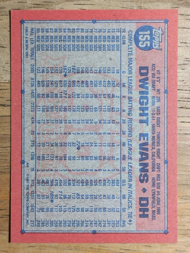 1991 Topps #155A Dwight Evans ERR/Led league with 162 games in '82