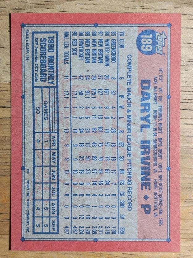1991 Topps #189 Daryl Irvine RC