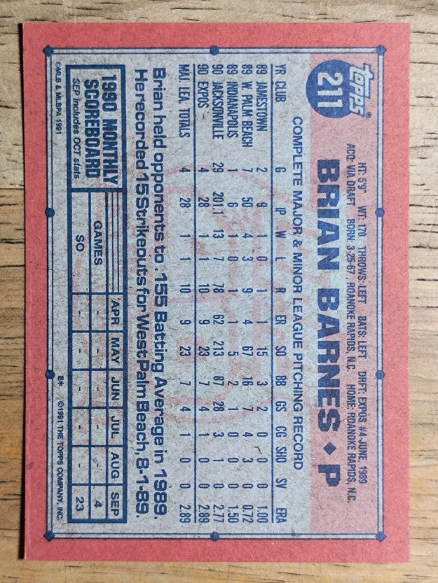 1991 Topps #211 Brian Barnes RC