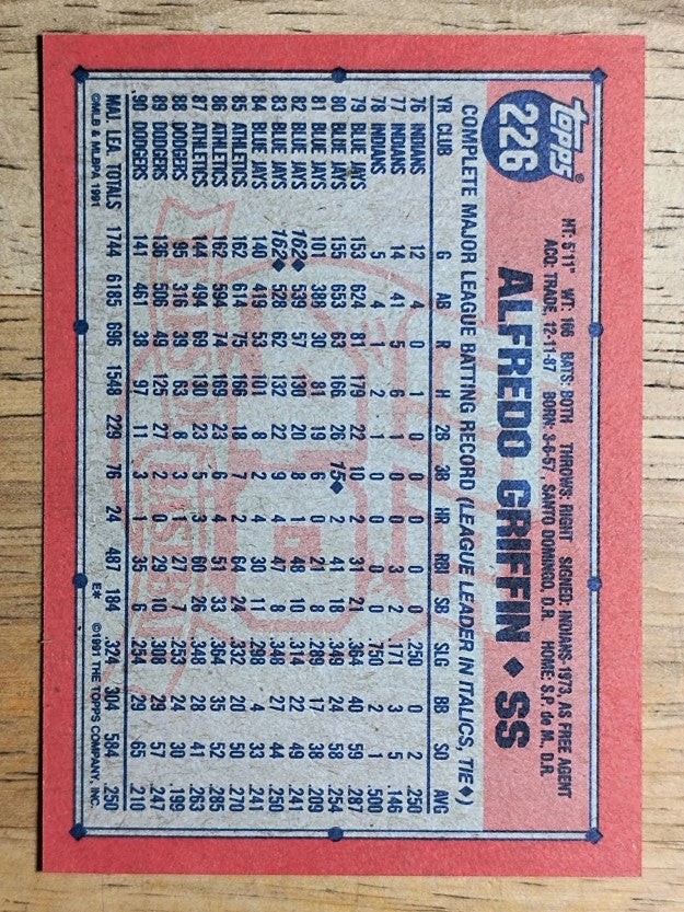 1991 Topps #226 Alfredo Griffin