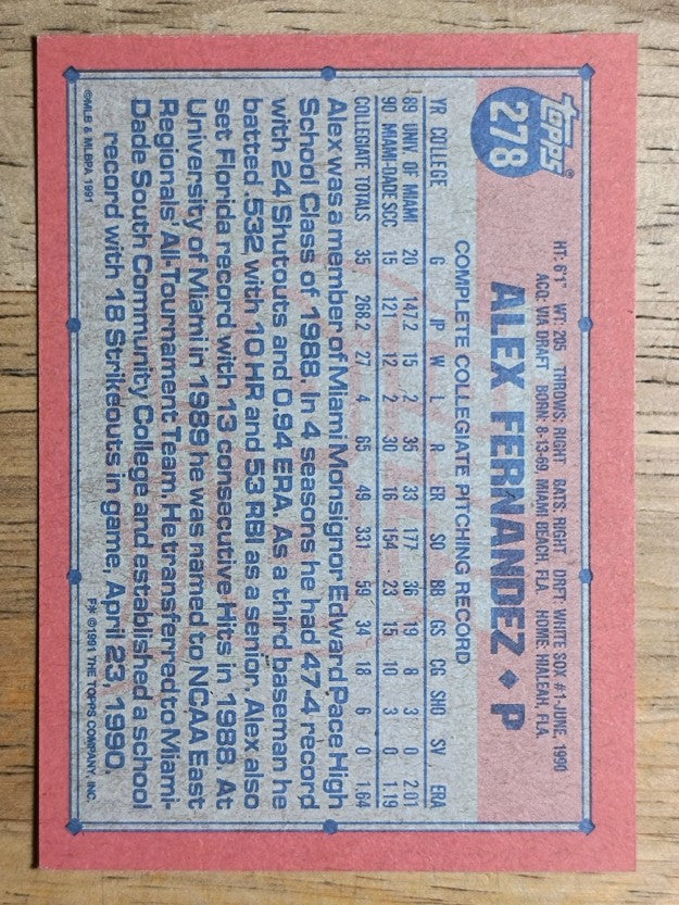 1991 Topps #278 Alex Fernandez