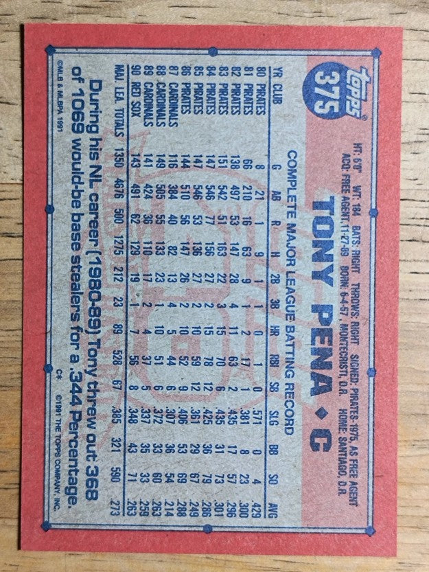 1991 Topps #375 Tony Pena