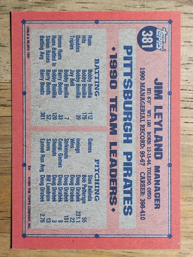 1991 Topps #381 Jim Leyland MG